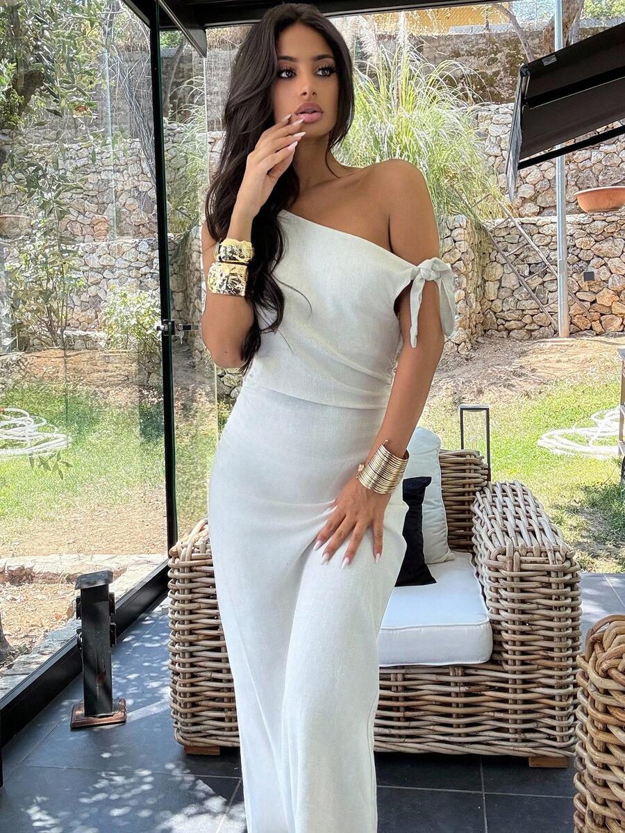 Ronhire Women's Solid Asymmetric Neckline Ruched Elegant Long Dress,Rave Outfits Festival - Apricot - View 1