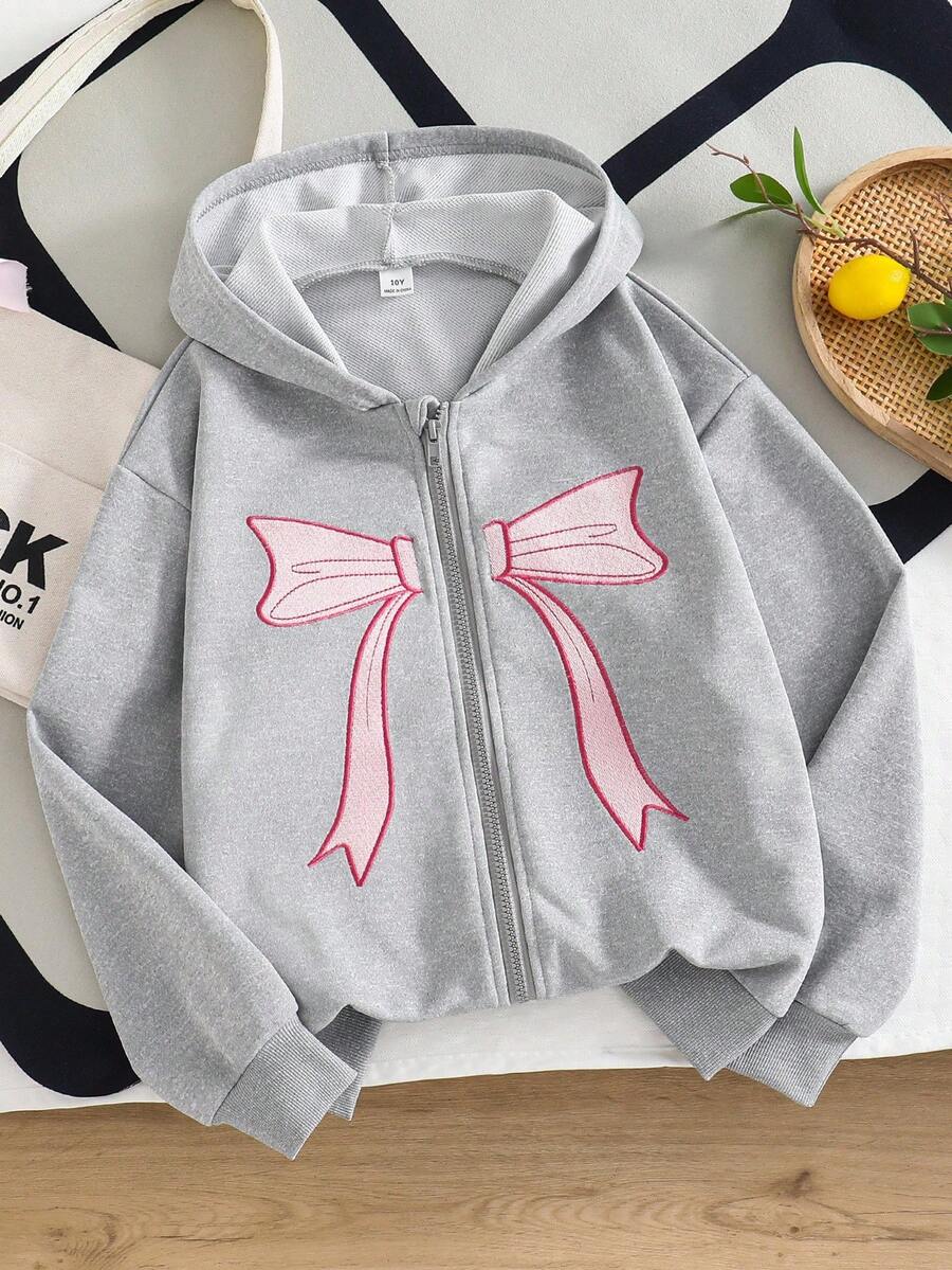 1 件女童拉链连帽长袖夹克，背部和袖子上有蝴蝶刺绣装饰