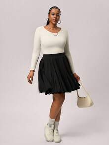 SHEIN Tall CURVE Plus Size Black Casual Loose A-Line Skirt, Fashionable, Black Ruffle Skirt, Shorts