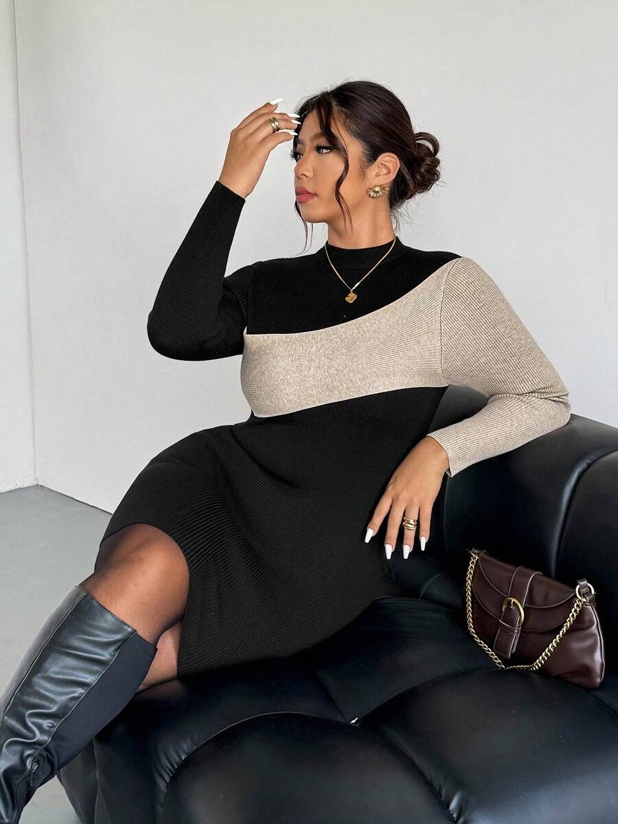 Firerie Robe longue à manches longues pour femmes grande taille, style color block élégant, romantique à la française, minimaliste, pour le travail et le quotidien. Robe col montant en tricot côtelé, robe bicolore, robe moulante pour femmes, pour l'automne/l'hiver