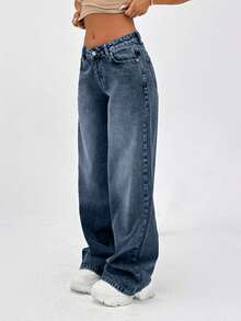 CasuGlow 100% 纯棉低腰阔腿剪裁复古水洗 Y2K 宽松牛仔裤 - 霧霾藍 - 查看 4