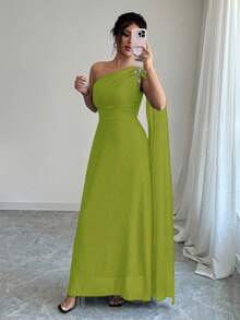 Rafferiza 女士优雅奢华网眼单肩连衣裙，带金色刺绣贴花，A 字形 - 綠色 - 查看 5