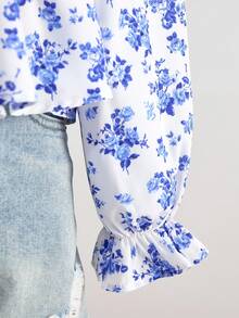 少女休闲碎花束腰泡泡袖后背蝴蝶结装饰衬衫，春夏荷叶边上衣/度假/节日/复古/沙滩/大海/优雅/连衣裙/波西米亚/波西米亚风服装，秋冬内衣 - 藍白色 - 查看 7
