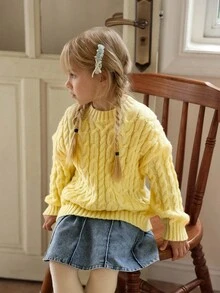 Young Girl Casual Twist Cable Pattern Drop Shoulder Long Sleeve Sweater, Autumn Fall Winter - Yellow - View 5