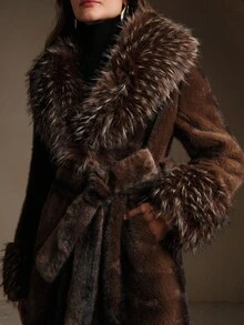 Anewsta 卡其色十字双色仿毛领厚款时尚百搭秋冬夹克 - 棕色 - 查看 7