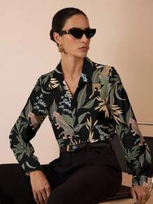 Glamance Joyce Ellen Black Floral Print Casual Elegant Modest Minimalist Women Long Sleeve Collared Shirt, Suitable For Daily, Work, Outing, Office, Travel, Teacher's Day, Bohemian, Autumn/Winter Leopard Print Blouse Tropical Print Blouse Women Print Blouse - Multicolor - View 4