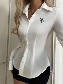 SHEIN EZwear 女式休闲收腰长袖纽扣衬衫，美国标志，复古风。适合秋冬、返校季、毕业典礼、派对、街头潮流、斯德哥尔摩风格、复古风。非常适合…… - 白色 - 查看 6