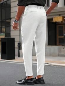 Manfinity Mode 男士商務休閒純色斜口袋白色西裝長褲高腰西裝褲夏季透氣男士西裝褲正式場合儀式用 - 白色 - 查看 2