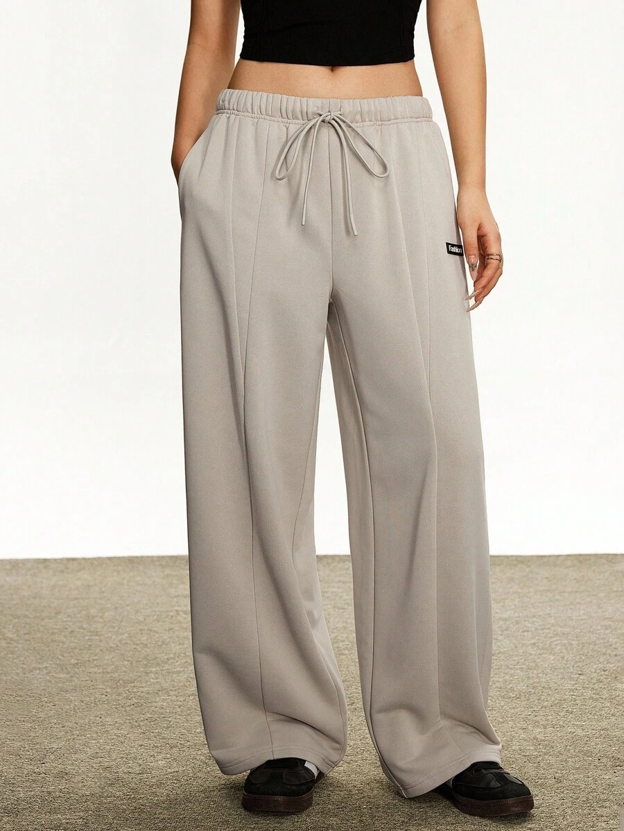 Rina Fox 女式字母图案抽绳腰口袋阔腿休闲运动裤 - 淺灰色 - 查看 1