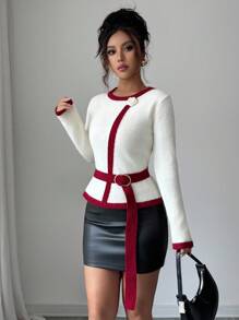 Elenzga Women's Contrast Red Trim Knit Sweater With Belt, Versatile And Fashionable