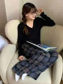 DAZY 少女秋季宽松舒适V领T恤和格子直筒裤休闲家居服，秋季 - 黑色 - 查看 9