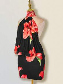 SHEIN ICON Váy hở lưng cổ yếm in hoa - Đỏ và đen - Xem 1