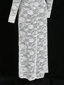 SHEIN ICON 提花透视深V领纯色透视长袖连衣裙 - 杏色 - 查看 8