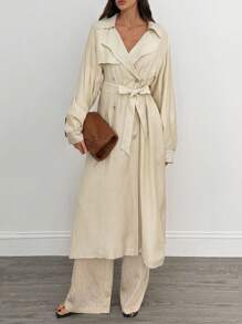 SHEIN Tall Áo khoác trench coat hai hàng khuy trơn màu dành cho nữ năm 2025, phong cách thường ngày, rộng rãi và thoải mái, phong cách unisex cho mùa thu/đông - Màu Khaki - Xem 6