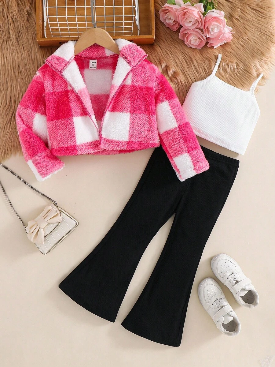 SHEIN 3pcs Set: Knitted Plaid Short Jacket, Solid Color Knitted Camisole, And Flared Pants Fall Winter - Pink - View 1