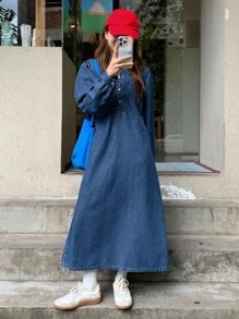 DAZY 宽松休闲彼得潘领牛仔A字长裙，适合秋季少女