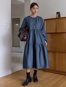 DAZY Women's Loose Fit Round Neck Long Sleeve Denim Dress, Casual & Youthful - Medium Wash - View 4