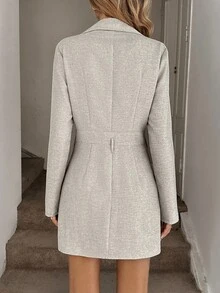 Easowa 前扣长袖休闲宽松通勤复古风格女式短款连衣裙 - 杏色 - 查看 2