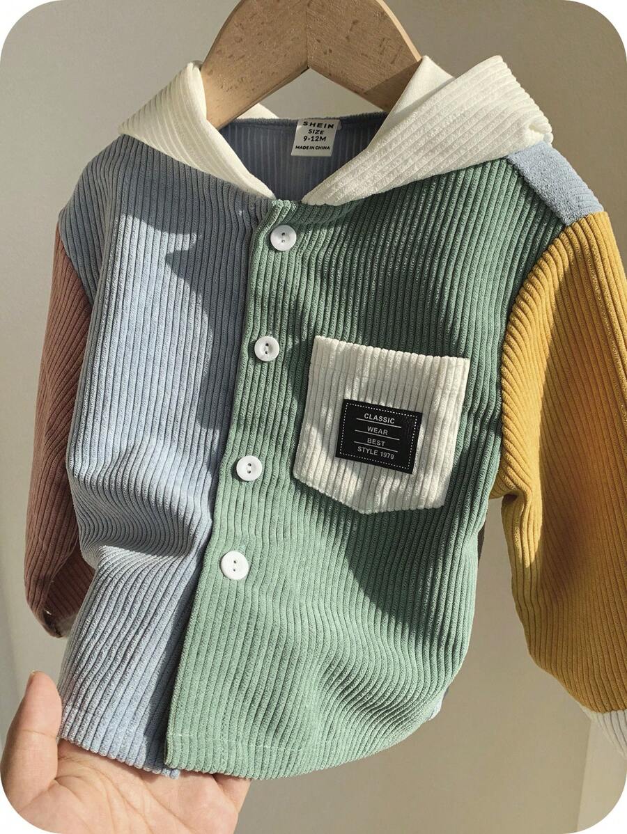 SHEIN 男婴休闲拼色宽松长袖连帽柔软灯芯绒衬衫夹克，适合日常穿着、上学、户外