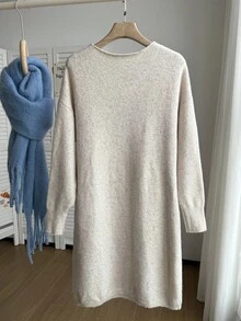 SHEIN EZwear 大码纯色V领休闲百搭长袖毛衣裙女士秋冬装 - 卡其色 - 查看 2