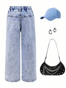 SHEIN Sparklyn 少女款松紧腰破洞牛仔阔腿裤，适合春、夏、秋、冬日常穿着、户外旅行、秋季派对等场合。