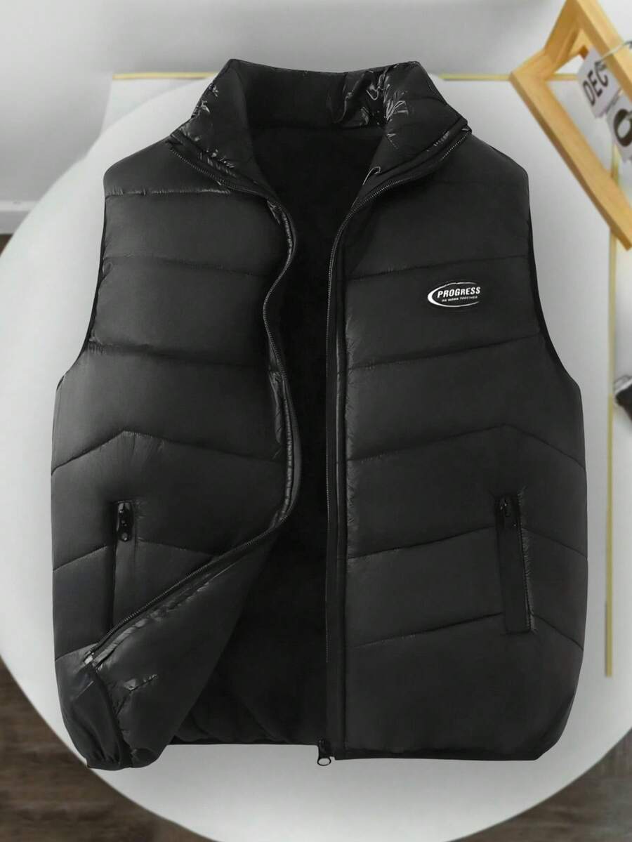 1 Stück Outdoor Lässig Sport Weste für Jugendliche, schwarz mit Nähten, Akzent mit Buchstabenband, essentiell für Herbst/Winter