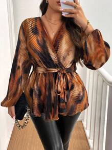 Vionelle 大码系带长袖简约休闲衬衫荷叶边上衣 - 彩色 - 查看 3