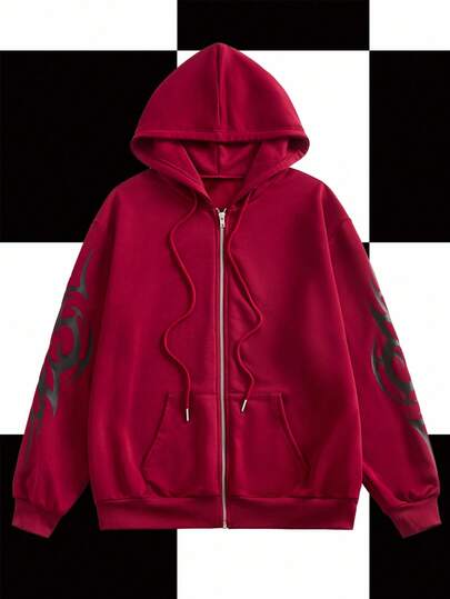 Shutterstock Y2Kool Sudadera con capucha con cremallera y estampado gótico para mujer, estilo callejero Y2K, sudadera con capucha roja con cremallera y gráficos para otoño/invierno, sudadera roja Y2k, idea de conjunto a juego, colección de ropa casual y elegante, atuendos para Año Nuevo