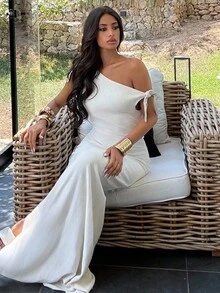 Ronhire Women's Solid Asymmetric Neckline Ruched Elegant Long Dress,Rave Outfits Festival - Apricot - View 6