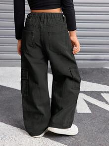 SHEIN Young Girl Y2K Cargo Pocket Loose Fit Casual Khaki Jeans, Girl Fall And Winter Street Cool Style Pant, Y2k Outfits For Girls, Black Cargo Pants For Girls, Kids Cargo Pants Y2k