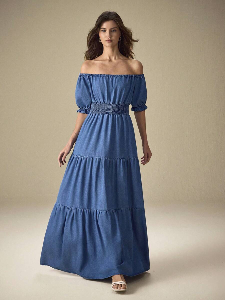 Selenza Robe longue en jean avec manches bouffantes courtes et épaules dénudées, taille froncée - Bleu azur - Voir 1