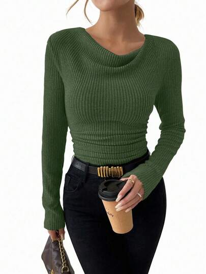 RosyDaze Vintage Asymmetrical Draped Neck Textured Ruched Fitted Long Sleeve T-Shirt Olive Green Ribbed Top Dark Green Ribbed Top Green Ribbed Top Women Green Long Sleeve Top Green Cowl Neck Top