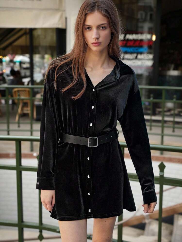 SHEIN Maija Women's Casual Solid Color Front Button Short Dress, Fall Clothes For Women,Halloween Costumes