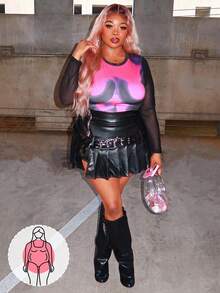 Enliva Obviously_ebony Plus Size Body Morph Figure Graphic Contrast Mesh Teenew Party Outfit Sexy Outfit Sexy Outfits Club Long Sleeve Birthday Outfit Valentine Day Bachelorette Party Spring Women Clothes, For Apple Rounded Body Shape