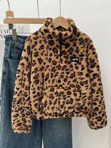 SHEIN Serisse Kids Tween Girls Casual Leopard Print Teddy Fleece Reversible Stand Collar Half-Zip Patch Pocket Loose Fit Long Sleeve Sweatshirt, Autumn/Winter, Fur Jacket Kids, Tween Plush Jacket, Kid Girl Jacket, Girls Cartoon Jackets Fall