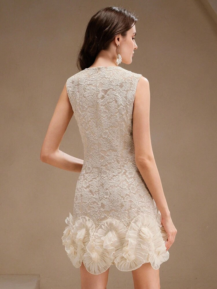 Elegancka, romantyczna sukienka damska z teksturowanego materiału z kwiatowym wzorem i falbanką na dole, z okrągłym dekoltem, bez rękawów i rozcięciem w kształcie litery A, przebranie na Halloween, sukienka na imprezę noworoczną