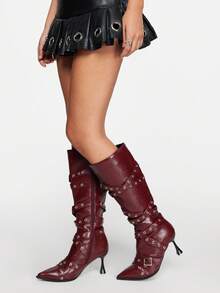 ROMWE Grunge Punk Women's 2025 Autumn/Winter New Gothic Buckle Strap Pointed Toe Fashion Mid-Calf Boots For Christmas Y2K - Burgundy - View 6