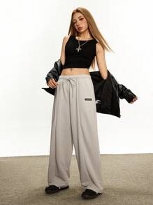 Rina Fox 女式字母图案抽绳腰口袋阔腿休闲运动裤 - 淺灰色 - 查看 2