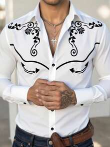 Manfinity Nomadique Camicia casual a maniche lunghe con stampa floreale monopetto in stile western per uomo, camicia western, camicia da cowboy, camicia da uomo western, camicia da rodeo per uomo, camicia da cowboy, camicia da uomo western, camicia bianca da uomo con grafica, autunnale