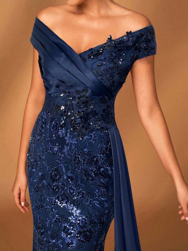 Serin Elegante y lujoso vestido de satén con hombros descubiertos, bordado, lentejuelas, patchwork de encaje, drapeado y cola de pez con abertura lateral, adecuado para bodas, fiestas, vacaciones, bailes de graduación, eventos de noche, madre de la novia