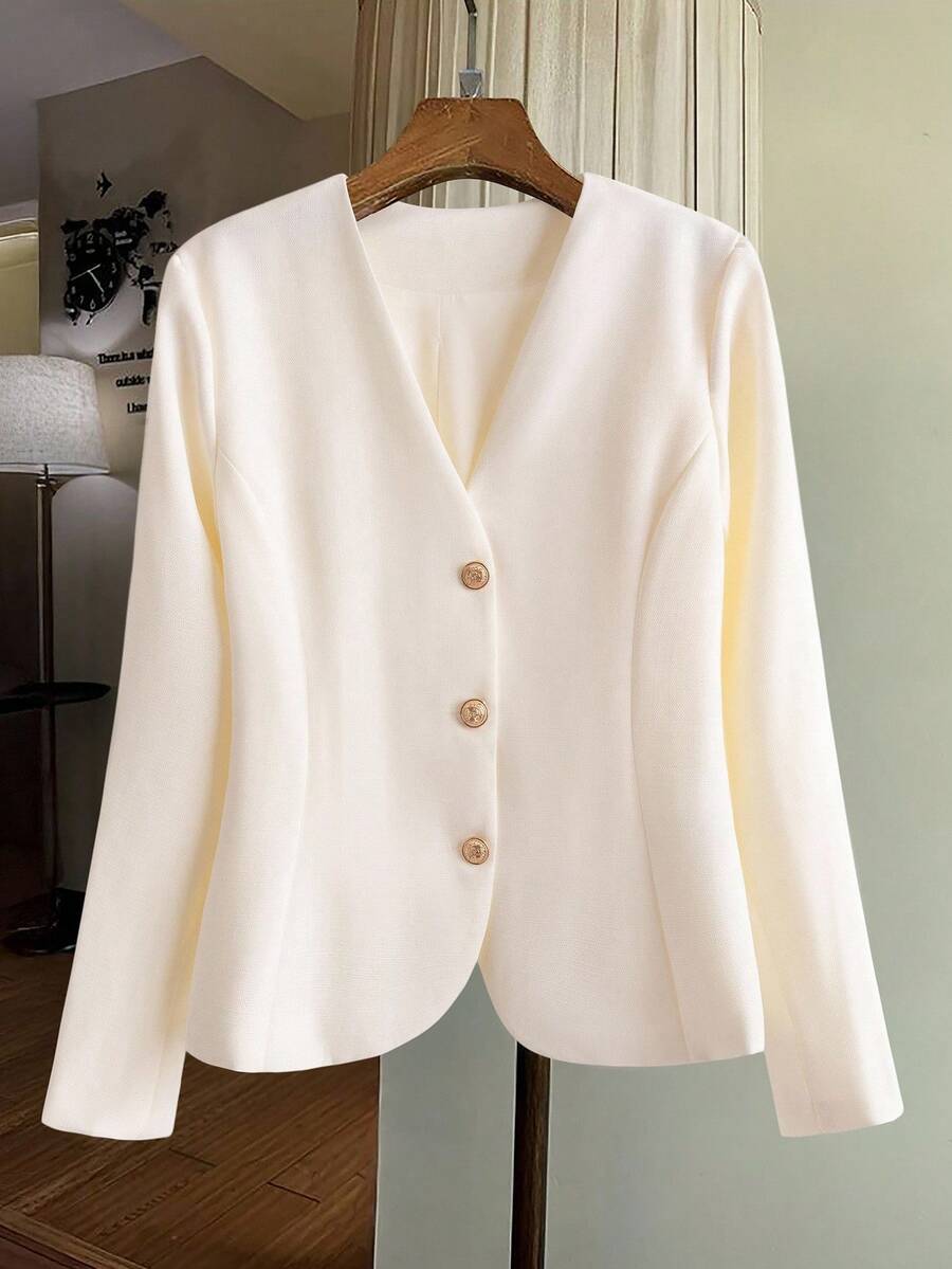 Franclia Fashionable Elegant Commuting Minimalist Solid Color Jacket Fall Winter Cloth For Women - White - View 1