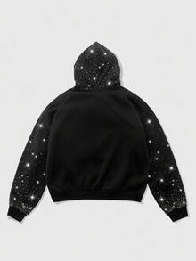 ROMWE MEN Paul Frank X ROMWE Áo hoodie họa tiết chữ và đá Rhinestone hoạt hình dành cho nam, thích hợp mặc hàng ngày, mùa thu/đông - màu đen - Xem 2