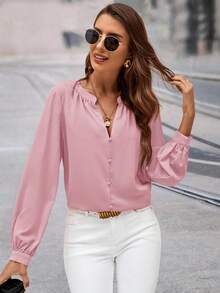 Editum 女士时尚百搭V领褶皱长袖衬衫，适合通勤和休闲穿着，秋冬季优雅女式衬衫 - 藕粉色 - 查看 5