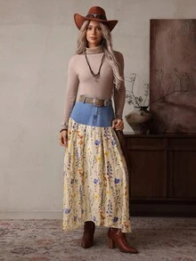 EMERY ROSE Minifalda de mezclilla con estampado floral y parches casual para mujer - Azul - Ver 4