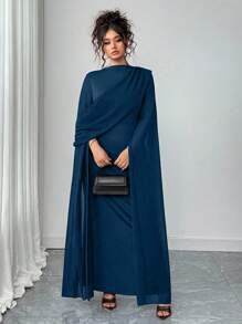 Elenzga 加大码合身腰部优雅长袍，海军蓝雪纺 - 水鴨藍 - 查看 3