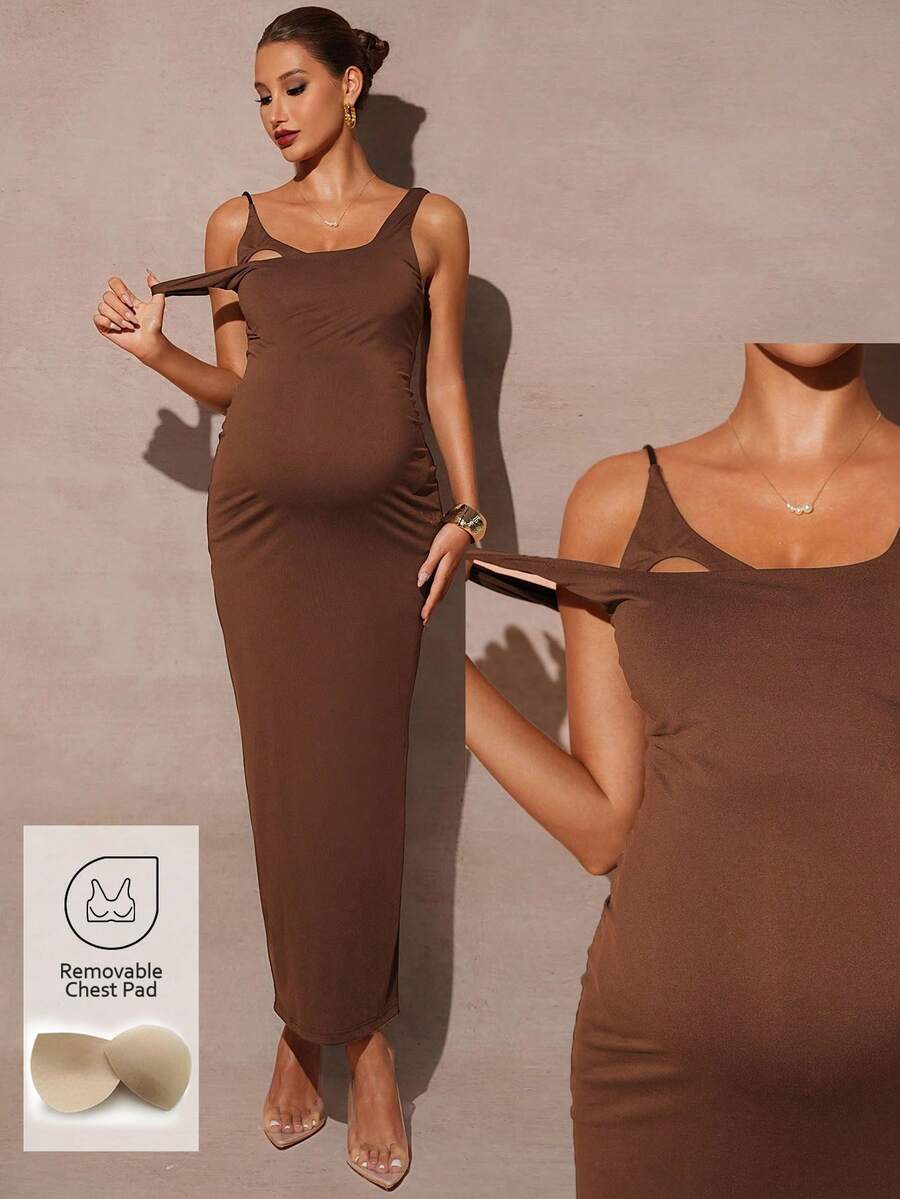 MaterniChic 孕妇纯色方领合身无袖侧开衩下摆哺乳连衣裙 - 棕色 - 查看 1
