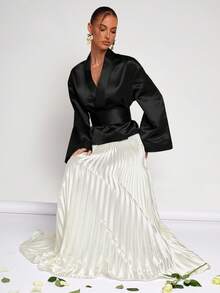 COSMINA 女士纯色落肩长袖收腰时尚衬衫，秋季优雅女士黑色上衣 - 黑色 - 查看 5