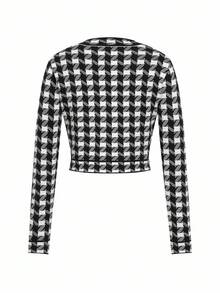 Ellevyn Cardigan élégant à col V et manches longues avec boutons, en tartan, pour femmes en automne/hiver - Noir et Blanc - Voir 7