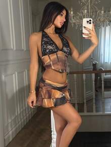 Ronhire 2 Stücke/Set Gradientfarbiges bedrucktes Neckholder Crop Top mit Bindung vorne und Mini Rock Strandurlaubs Outfit - Verschiedenfarbig - Übersicht 5