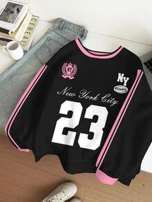 SHEIN Leap Crew 少女Y2K复古运动风印花卫衣，黑粉撞色，“纽约”23号条纹针织图案，休闲宽松舒适长袖套头衫，适合秋冬季节穿着，轻松舒适，秋季叠穿，时尚少女，休闲百搭，返校季，秋季服装，返校节 - 彩色 - 查看 3